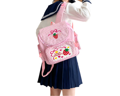 Roze Schooltas Voor Kinderen - Ruime Rugzak Met Aardbeien Borduurwerk 1